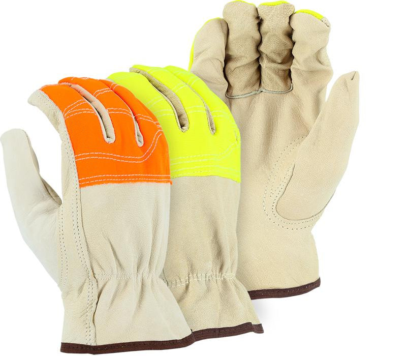 Majestic 1554HVO Goatskin Leather Driver Gloves Hi Vis Orange Fingers (DOZEN) - Global Construction Supply