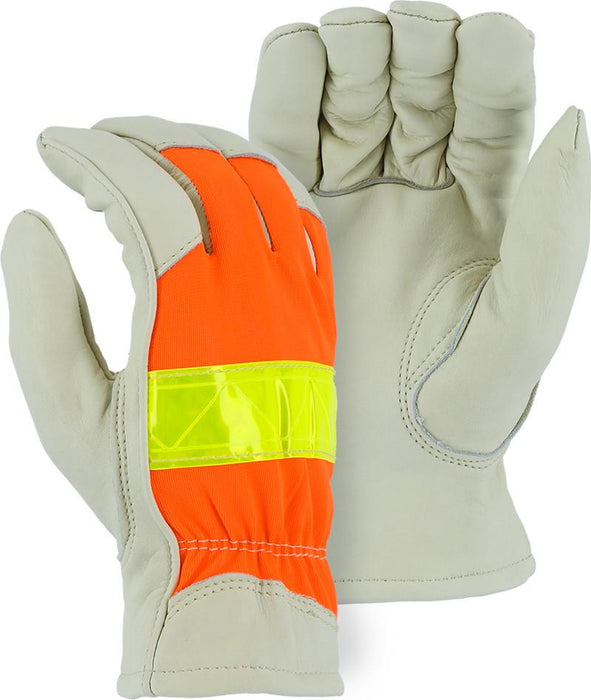 Majestic 1951 Hi Vis Orange Back Cowhide Palm Leather Driver Gloves Thinsulate Lined (DOZEN) - Global Construction Supply