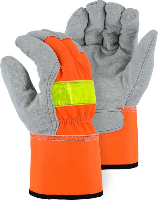 Majestic 1954T Hi Vis Orange Back Cowhide Leather Palm Work Gloves Safety Cuff Thinsulate Lined (DOZEN) - Global Construction Supply