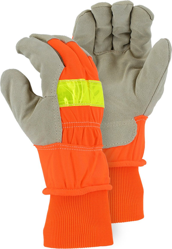 Majestic 1960 Hi Vis Orange Back Split Pigskin Leather Palm Gloves Safety Cuff Fleece Lined (DOZEN) - Global Construction Supply