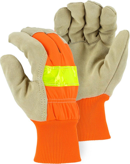 Majestic 1961 Hi Vis Orange Back Split Pigskin Leather Palm Gloves Fleece Lined (DOZEN) - Global Construction Supply