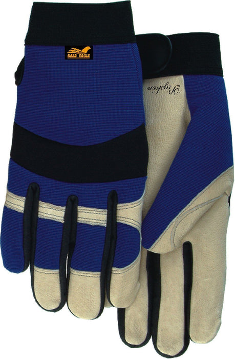 Majestic Bald Eagle 2152 Beige Pigskin Leather Palm Mechanic Style Gloves Blue Stretch Back (DOZEN): Global Construction Supply
